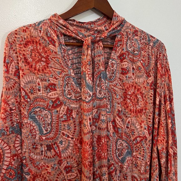 Free People Pink Floral Vista Dreams Smocked Tie V-Neck Oversized Top Blouse XS - Picture 7 of 8